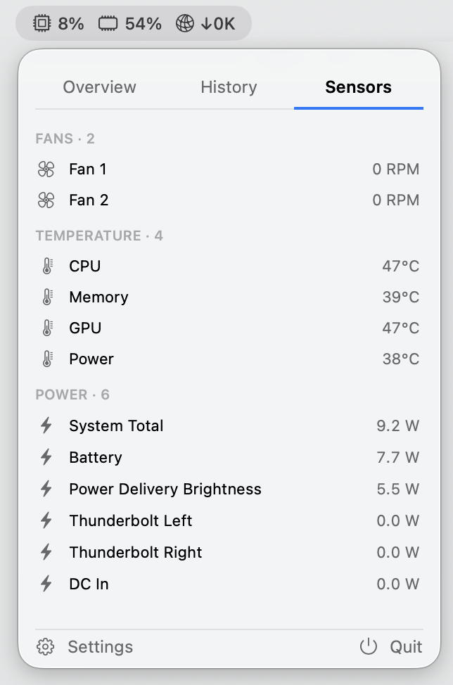 Sensors panel