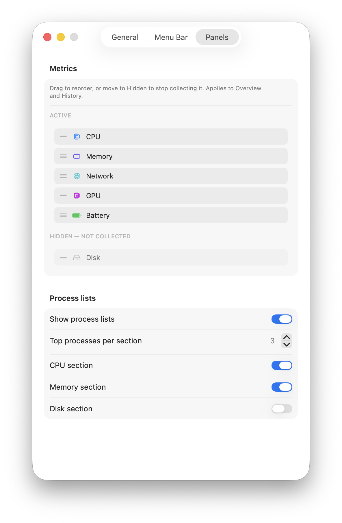 Panels settings
